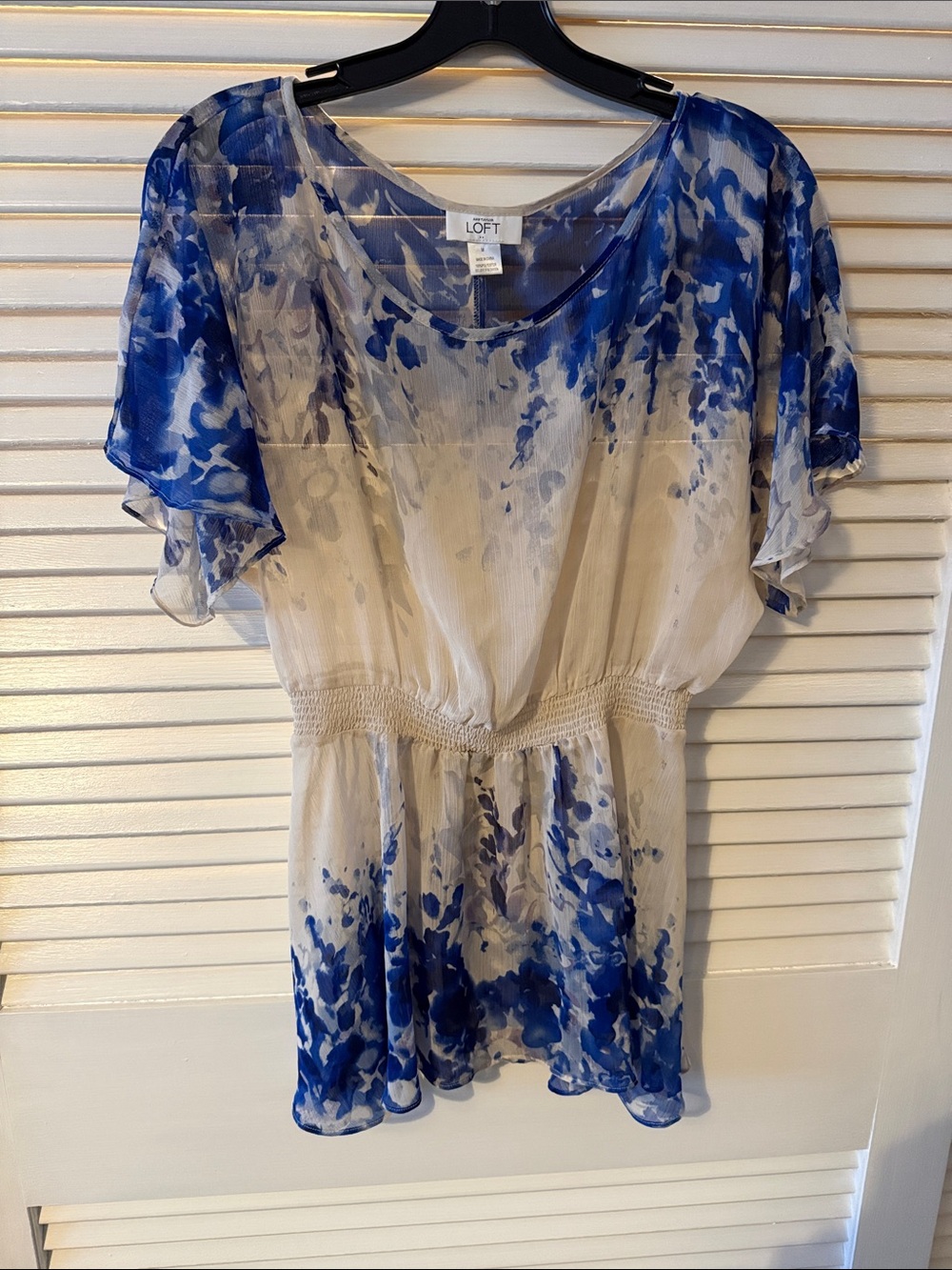 LOFT White and Blue Floral Sheer Blouse